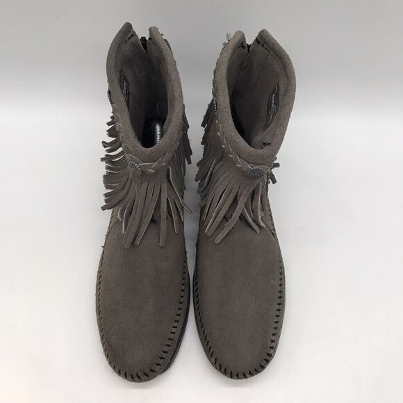 Minnetonka Gray Suede Moccasins Women's 7 Braided Fringe Back Zip Bootie 291T - Picture 5 of 10